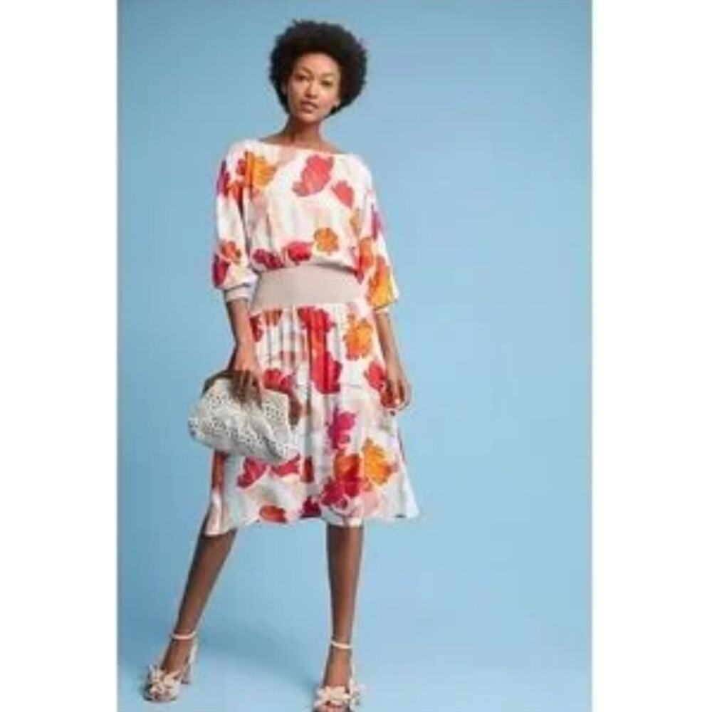 Maeve Gemma Floral Dress Size S Smocked Drop Waist Midi 3/4 Sleeve Anthropologie